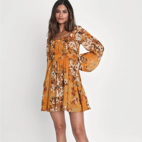 Lulu’s Gorgeous Vibe Yellow Floral Print Babydoll Mini Dress - Picture 1 of 7